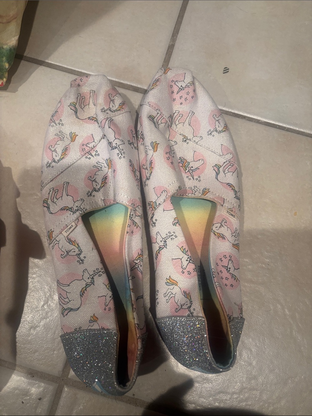 Toms Unicorn Print Slip-Ons with Glitter Heel - Pink & White